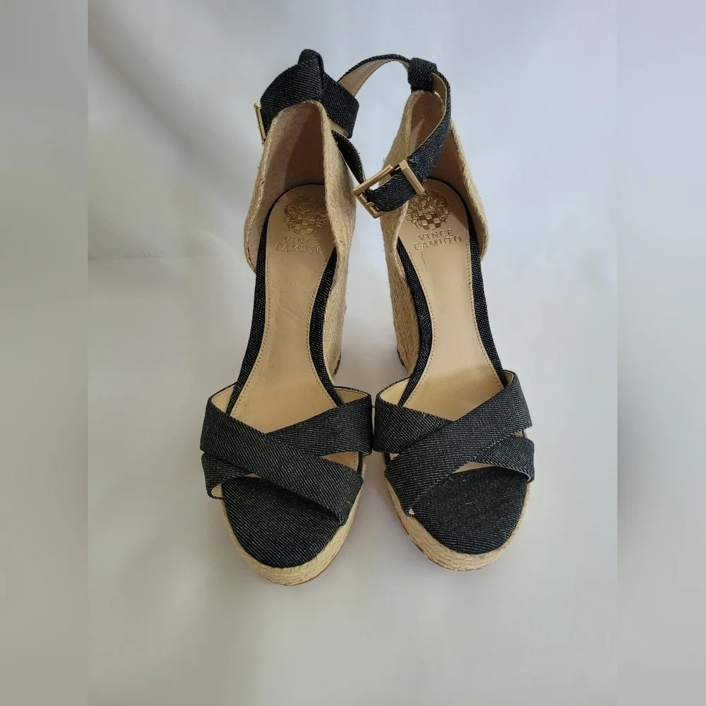 New Vince Camuto Espadrille Wedge Sandals Denim Blue Ankle Strap 9.5